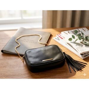 Lauren Merkin purse crossbody Black Leather Chain strap Mini bag USA tassle pull